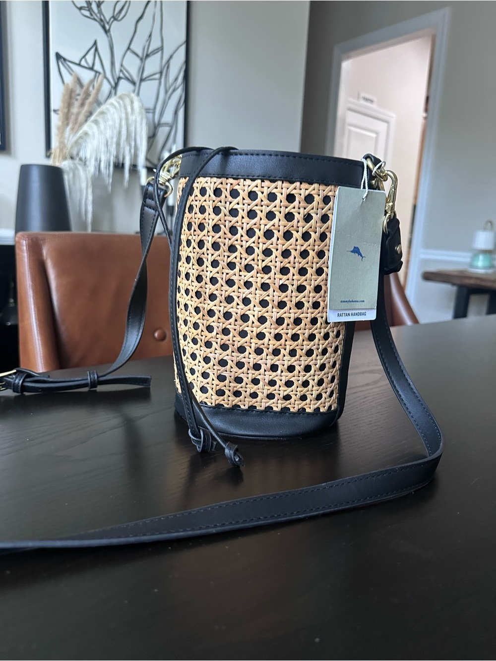 NWT Tommy Bahama Black & Natural Rattan Crossbody Bucket Bag